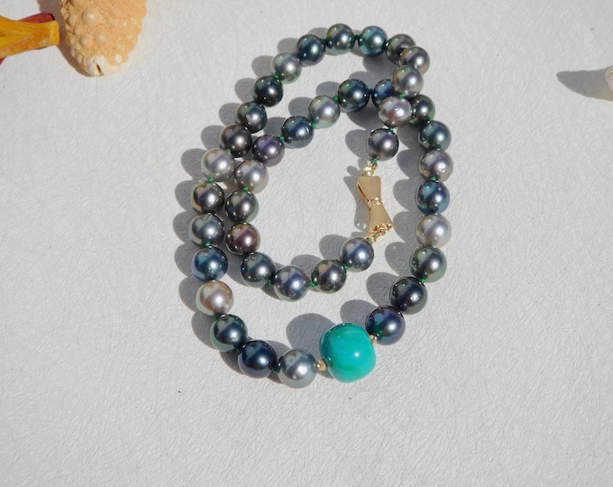 Tahitian Pearl Turquoise Necklace | 16 Inches | Multi-color Tahitian Pearl Necklace | 8-8.8mm | Round | AA+ | Solid 14kt Bow Tie Clasp