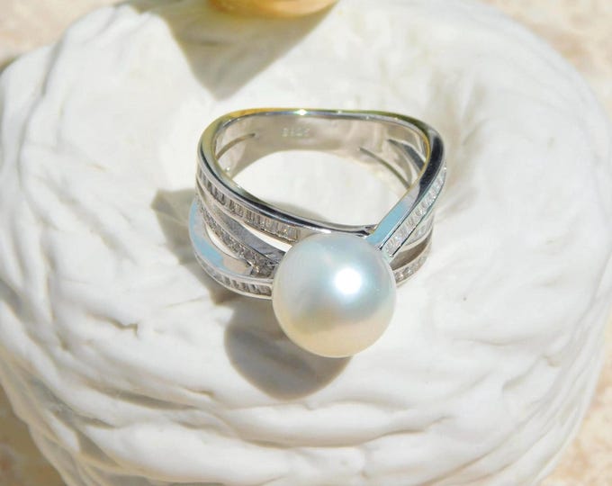 11mm Australian South Sea Pearl Ring: White Gold Plated Sterling Silver, Size 8.75