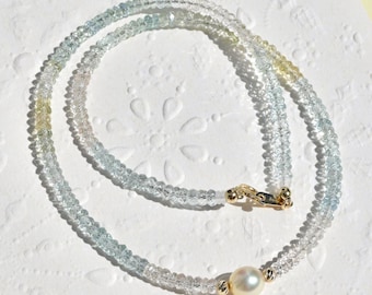 Pastel Aquamarine Morganite & Akoya Pearl Necklace: Solid 18K Gold, 14.75'' Gemstone Choker, Fine Pearl Jewelry