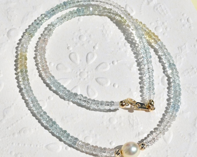 Pastel Aquamarine Morganite & Akoya Pearl Necklace: Solid 18K Gold, 14.75'' Gemstone Choker, Fine Pearl Jewelry