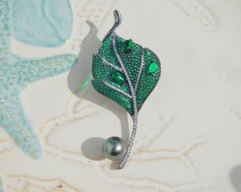 Rhinestone Leaf Tahitian Pearl Brooch | 9.8mm | AAA | Green Leaf | Pearl Brooch | Saltwater Pearl Pin | Leaf Brooch | Pearl Brooch | Pin