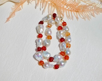 22" Baroque Pearl and Carved Red Agate Necklace: Solid 9K Gold Clasp, Ombre Red