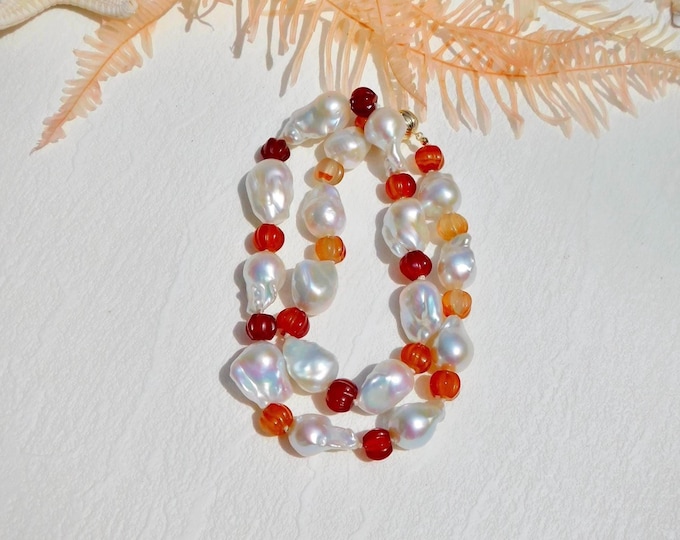 22 Inches Baroque Freshwater Pearl and Carved Red Agate Necklace | Solid 9K Gold | Gemstone | Large Pearls | White | Red | AAA+ | Red