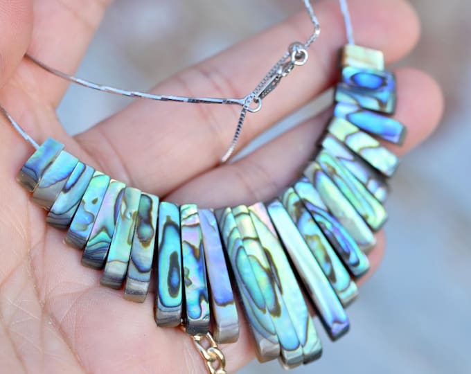 Graduated Abalone Shell Sterling Silver Wire Necklace: Adjustable Diamond Cut Wire Necklace, Peacock Shell Bars