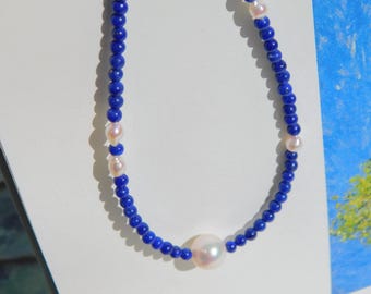 Lapis Lazuli and Akoya Pearls Necklace | Solid 18kt Gold | 16.25 Inches | Blue | 2.8mm | Minimalist | Thin Necklace | Layering | Stacking