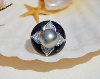 Tahitian Pearl Black Agate Silver Ring | Aubergine Peacock | 10.6mm | White Gold Plated Sterling Silver | 7 US | AAA | Black Pearl Ring