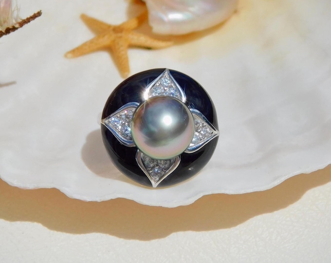 Tahitian Pearl Black Agate Silver Ring | Aubergine Peacock | 10.6mm | White Gold Plated Sterling Silver | 7 US | AAA | Black Pearl Ring