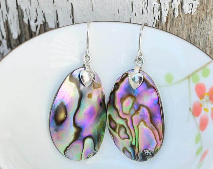 Iridescent Purple Abalone Shell Earrings: Light Weight, Large Shell, White Gold Plated Sterling Silver