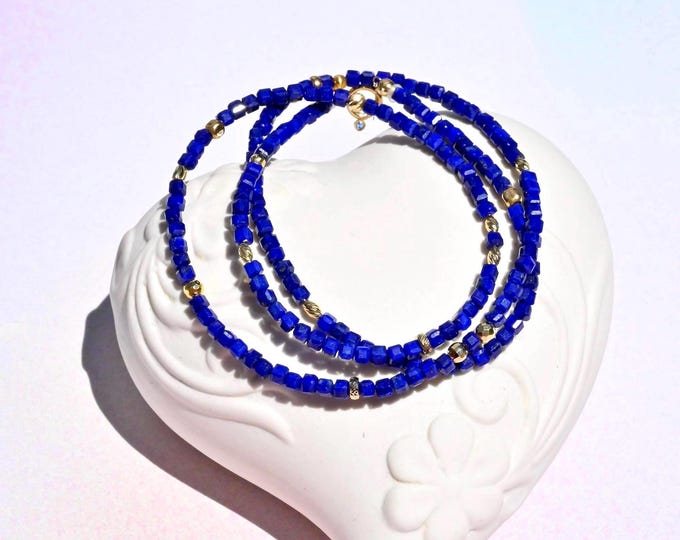 Lapis Lazuli Necklace: Solid 18k Gold Faceted Bead Necklace, 18.25 Inch, Blue Gemstone