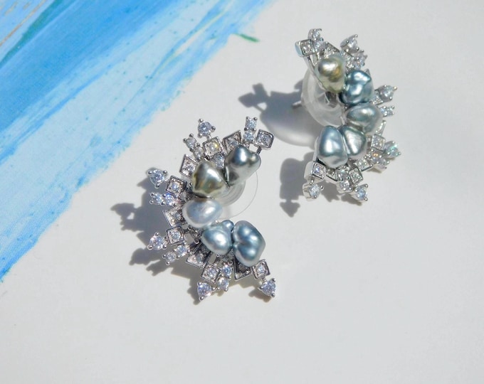 Multi Tahitian Keshi Pearl Stud Earrings | Firework Earrings | Gray | 25mm* 18mm | Tahitian Pearls | AAA | Sterling Silver S925 | Modern