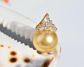 12.8mm Golden South Sea Pearl Pendant: Solid 18K Gold, AAA, Moissanite Cluster Pendant