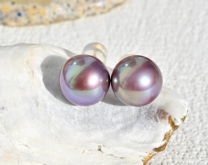 11.2mm Freshwater Pearl Studs: Solid 18K Gold, AAA+, intense Purple  Teal Blue