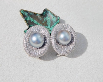 10mm Gray Tahitian Pearl Earrings | Cluster Earrings | White Gold Plated Silver | Gray Blue | Bold Earrings | Statement Earrings | AAA