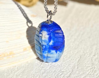 Lapis Lazuli Tutankhamun Pendant: Solid 18K White Gold Bail, Hand-carved Ancient Egyptian Pharaoh