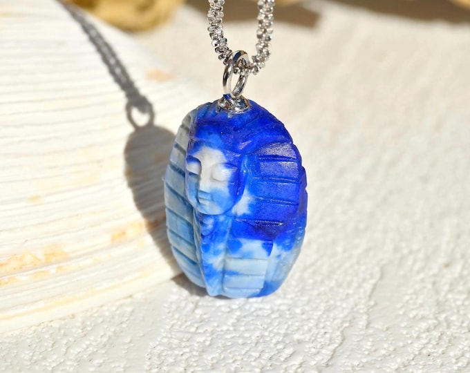 Lapis Lazuli Tutankhamun Pendant: Solid 18K White Gold Bail, Hand-carved Ancient Egyptian Pharaoh