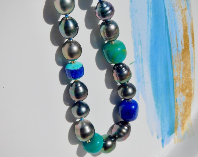 Tahitian Pearl Necklace | Lapis Lazuli | Turquoise | 19 Inches | Gemstone and Pearl | 10mm-12mm | AAA | Circled | Solid 18kt Gold | Green