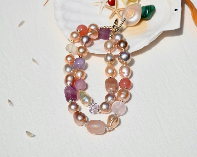 Pastel Pink Pearl & Gemstone Necklace: Gold Filled Toggle Clasp, Crystal, Amethyst, Fluorite, Agate, Freshwater Pearls, 20 Inches