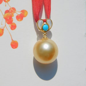 13mm Light Golden South Sea Pearl Pendant Solid 18K Gold Bail AAA Mother of Pearl and Turquoise Saltwater Pearl Pendant image 10