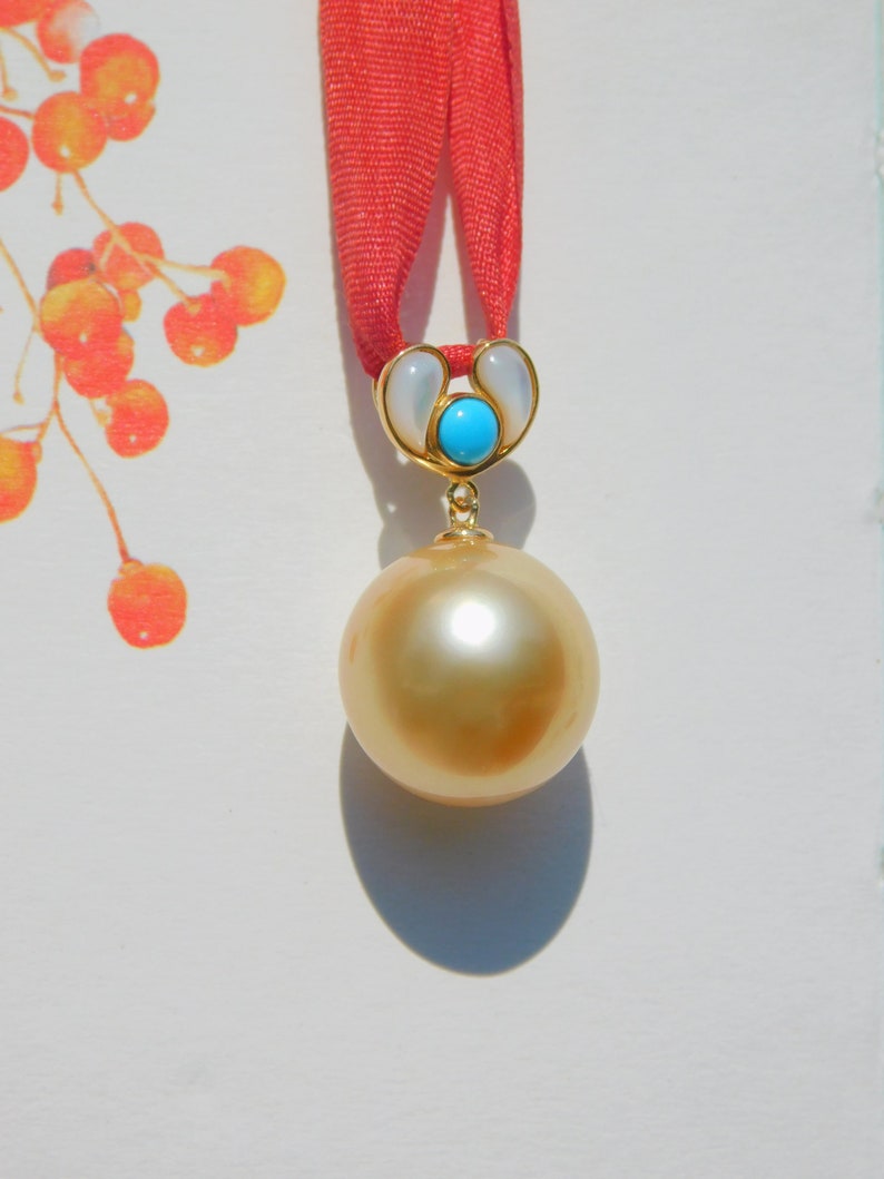 13mm Light Golden South Sea Pearl Pendant Solid 18K Gold Bail AAA Mother of Pearl and Turquoise Saltwater Pearl Pendant image 10