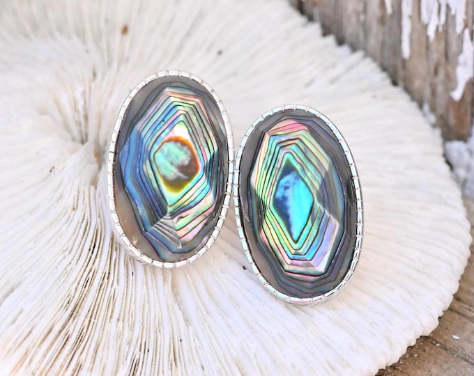 Abalone Shell Stud Earrings: Sterling Silver Oval Statement Studs, 27mm*17mm, Ocean Inspired
