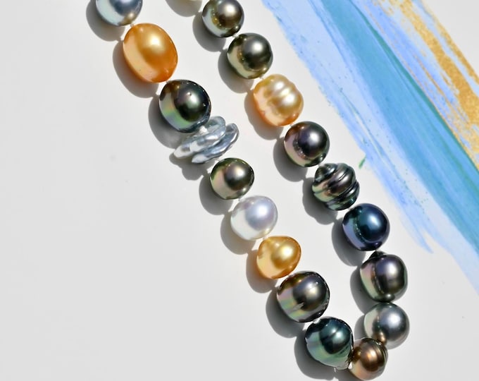 Multicolor South Sea Pearl Necklace: 18-inch, Tahitian, Keshi, Golden Pearls, White South Sea, AAA