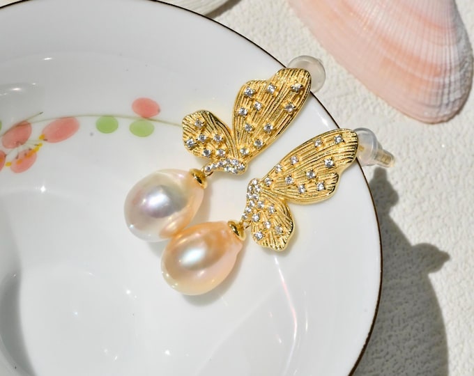 Vermeil Butterfly Pearl Earrings: Mismatched Freshwater Pearls, AAA