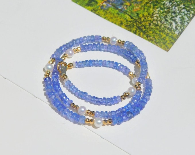 Tanzanite and White Freshwater Pearl Choker | AAA+ Quality | Gemstone and Pearls | Rondelle | Solid 18kt Gold | Purple | Blue | 15.25 Inches