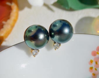 9.8mm Tahitian Pearl Studs | Gem Blue Green | AAA+ | Round | Solid 18kt Yellow Gold | South Sea Pearl | Tahitian Pearl | Black Pearl Studs