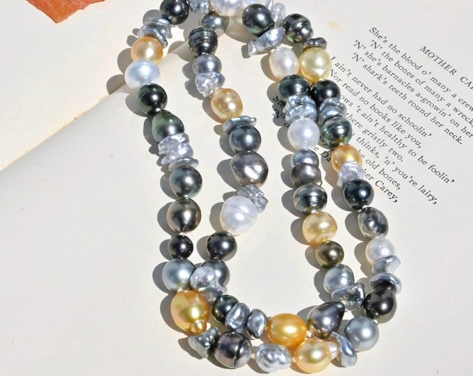 26-inch Multicolor South Sea Pearl Necklace: Tahitian, Keshi, Golden Pearls, White South Sea, AAA, No Clasp