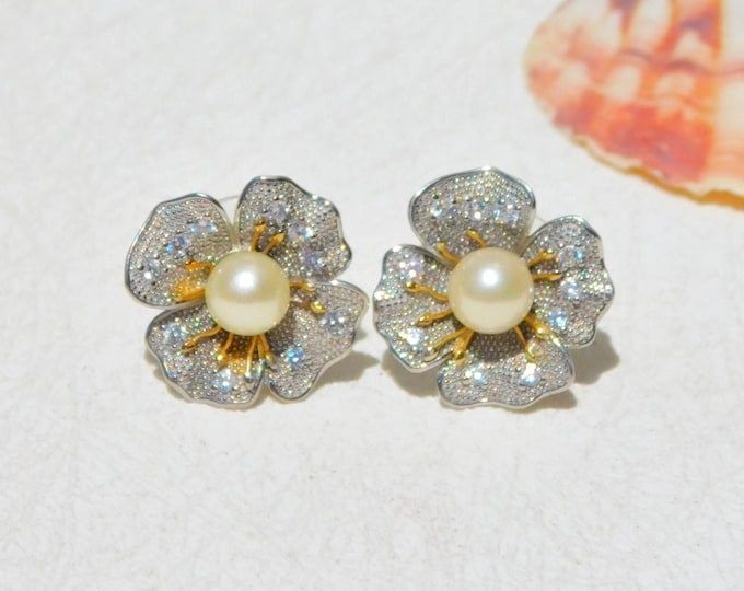 Pastel Cream Akoya Pearl Earrings | 5.6mm | Akoya Pearl | CZ Flower Earrings | White Gold Plated Over Silver | Four Petal Flower | Floral