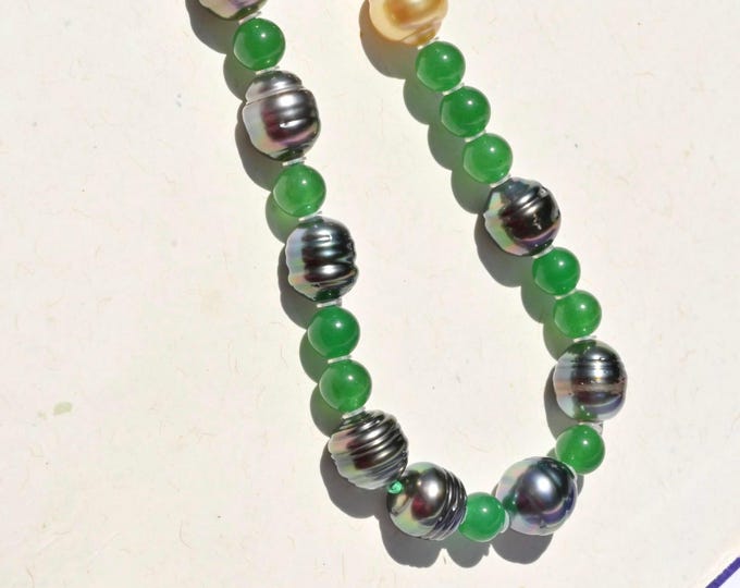 Guatemala Jadeite & Tahitian Pearl Necklace: Golden South Sea, Circled Tahitian, Sterling Silver, 16.25-inch