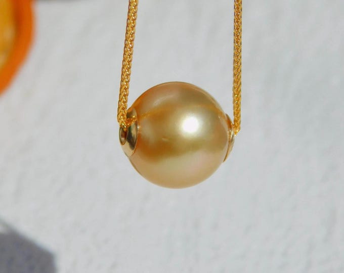 9.6mm Floating Pearl Necklace | Medium Golden South Sea Pearl | AAA | Dainty Chain | Solid 18k Gold Pin-end Chain | Saltwater Pearl | Au750