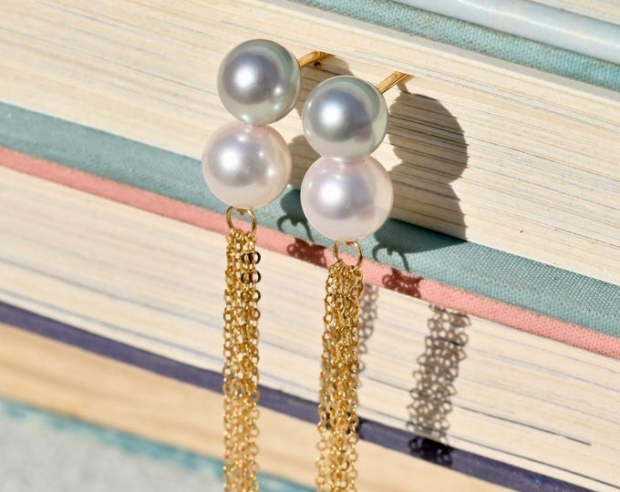 Double Akoya Pearl Tassel Earrings: Solid 18K Gold, 6.6mm and 7.2mm, AAA, White, Pastel Blue