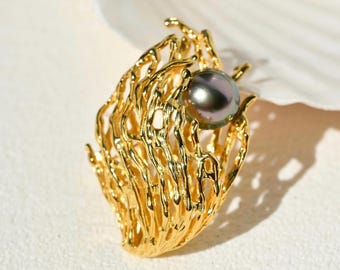 Tahitian Pearl Riff Brooch: Gold Plated Over Sterling Silver, S925, Peacock Black Pearl Pin, AAA, 11.3mm