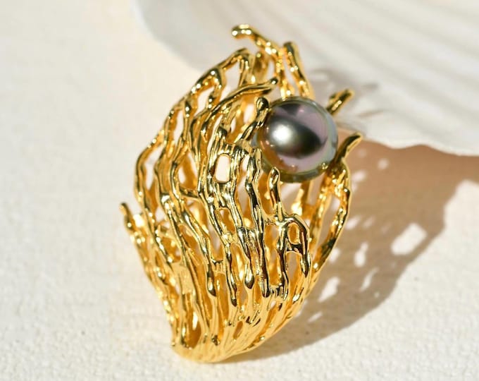 Tahitian Pearl Riff Brooch: Gold Plated Over Sterling Silver, S925, Peacock Black Pearl Pin, AAA, 11.3mm