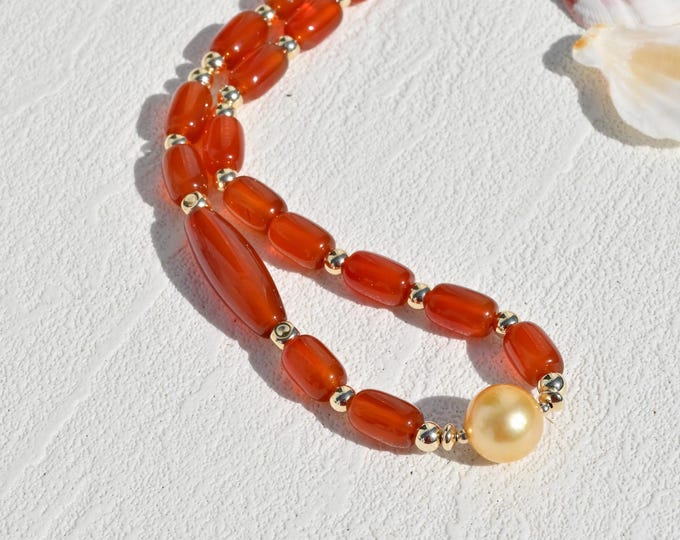 Red Agate & Golden South Sea Pearl Necklace: Red, 16-inch, Gold Filled, Choker, 12.9mm GSS