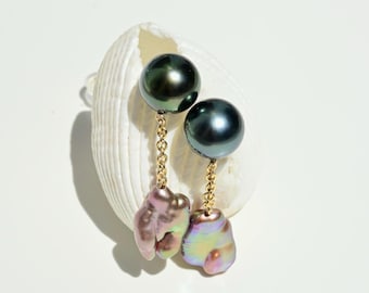 Tahitian Pearl & Freshwater Keshi Drop Earrings: Solid 18K Gold, Teal-blue Peacock, AAA