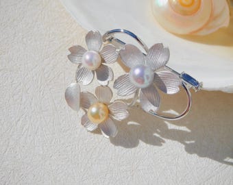 Three Akoya Pearl Flower Bouquet Brooch | Multi-color Saltwater Pearls | White Gold Over Silver | Pearl Pin | Pastel Blue | Cream | White