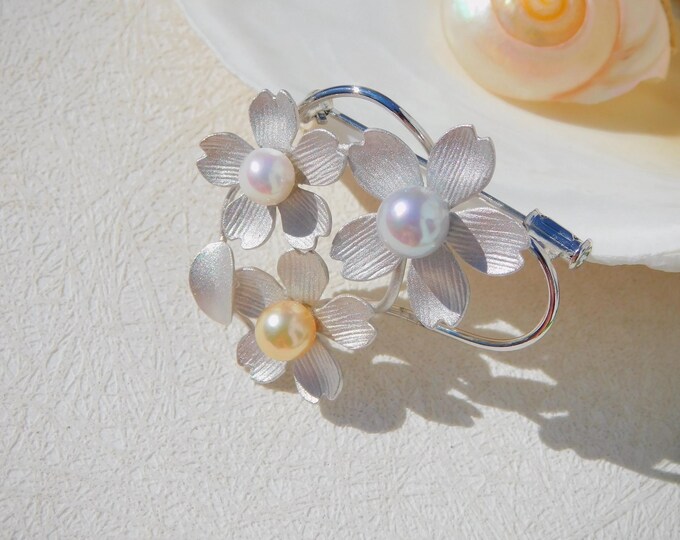 Three Akoya Pearl Flower Bouquet Brooch | Multi-color Saltwater Pearls | White Gold Over Silver | Pearl Pin | Pastel Blue | Cream | White
