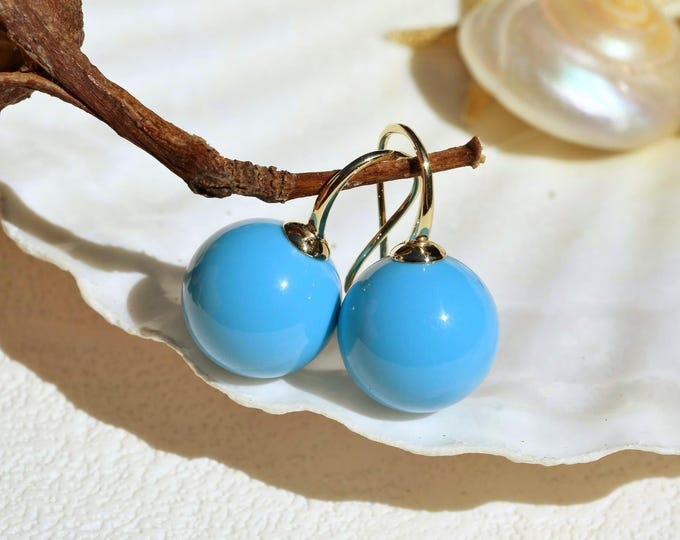 Hubei Turquoise Drop Earrings: Solid 18K Gold, Cobalt Blue, 13.5mm, AAA+