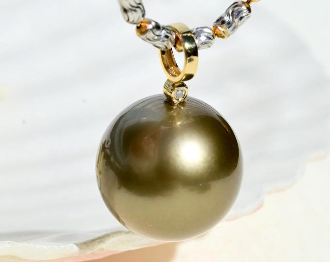 13.5mm Coffee Golden Pistachio Tahitian Pearl Pendant: Solid 18K Gold, Natural Tiny Diamond Accent