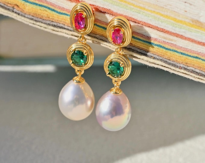 Mismatched Freshwater Pearl Earrings: Vermeil Colorful CZ, Super Luster, AAA+