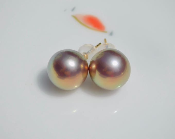 11mm Freshwater Pearl Studs | Mauve Pistachio | Gold Studs | Round |  AAA+ | Solid 18K Gold Pearl Studs | Large Pearl Studs | Pearl Studs