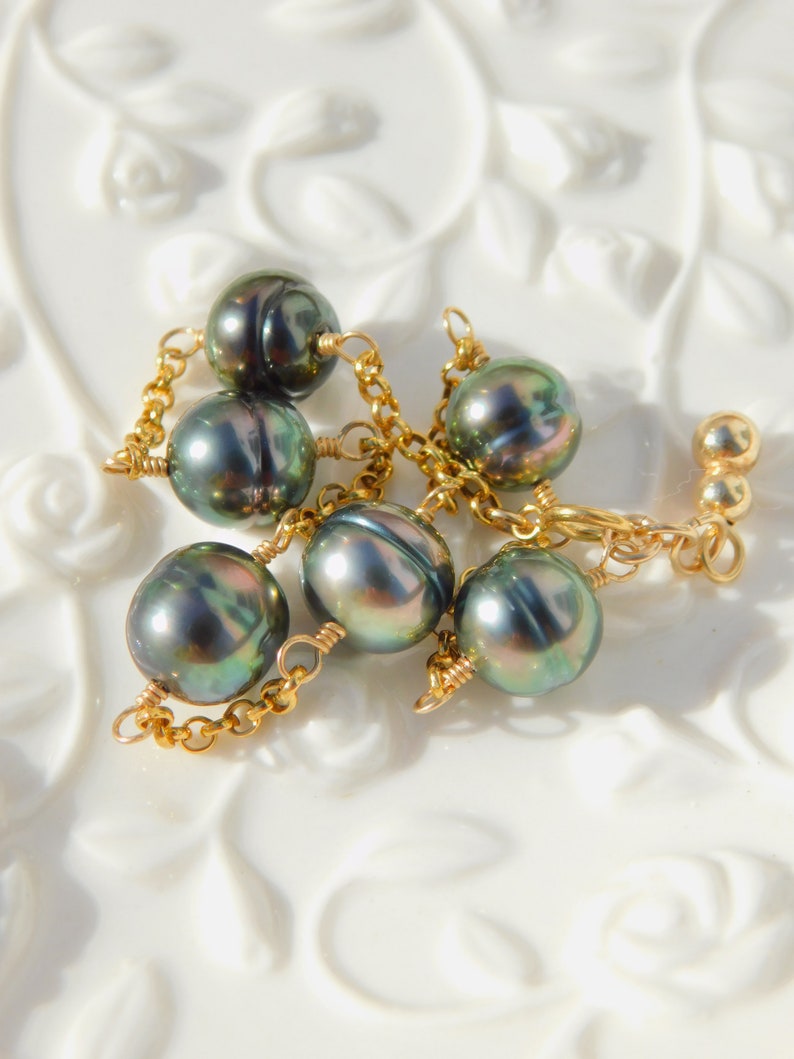Black Pearls Peacock Adjustable Length Gold filled Rolo Chain AAA Wire Work Circled Tahitian Pearl Satellite Bracelet