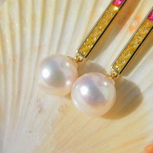 Vermeil Colorful CZ with Japanese Akoya Pearl Earrings AAA 9.2mm Drop Earrings Japanese Saltwater Pearls Hot Pink Yellow image 4