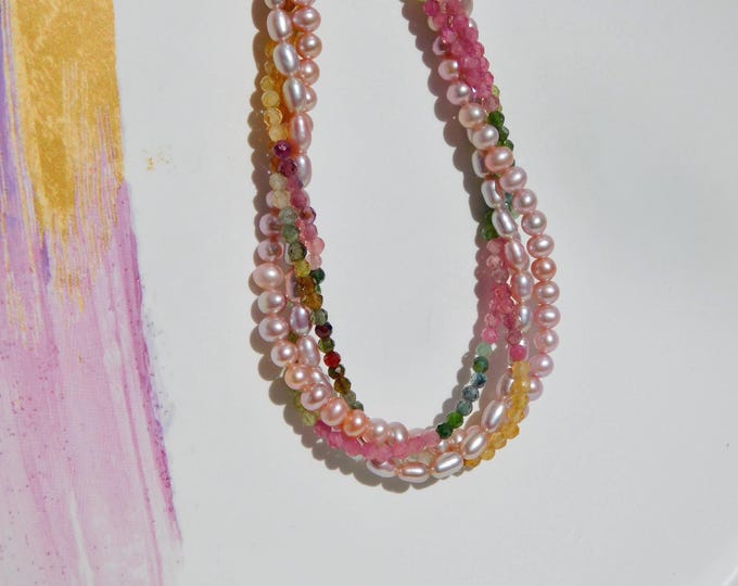 Four Strands Twisted Necklace | Rainbow Tourmaline Purple Freshwater Pearls | Pink | Mauve | Gemstone and Pearls | AAA | 17 Inches | Silver