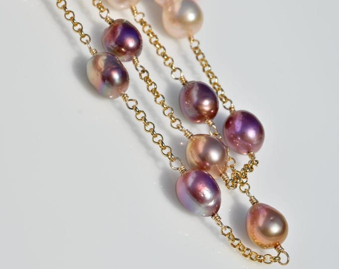 Multi-color Freshwater Pearl Tin Cup Necklace: 14K Gold Filled Rolo Chain, Wire Wrap, 20.75 Inch