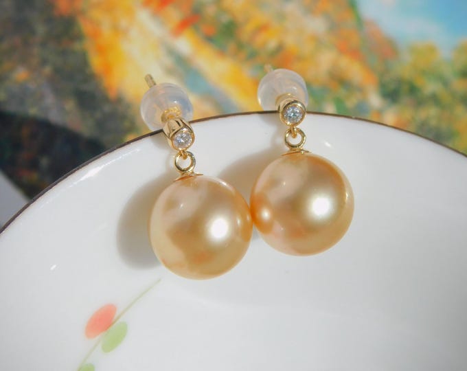 10.2mm Golden South Sea Pearl Earrings | Solid 18K Yellow Gold | Tiny Diamonds |  Saltwater Pearls | AAA | Medium Gold | Saltwater Pearls