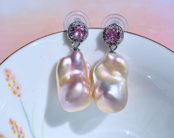 Pastel Pink Baroque Pearl Earrings: White Gold Plated Silver, Pink CZ Accents