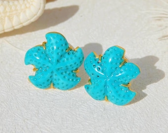 Sleeping Beauty Turquoise Realistic Starfish Studs | 16-17mm | Solid 18kt Gold | Authentic Intense Blue Turquoise | Au750 | Gemstone Studs